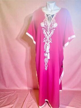 IMAN Pink Embroidered Caftan with Tassel Tie